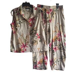 Vtg AJ Clothing Tropical Print Outfit Linen Top Pants Set Sz L Resort Wear Beach